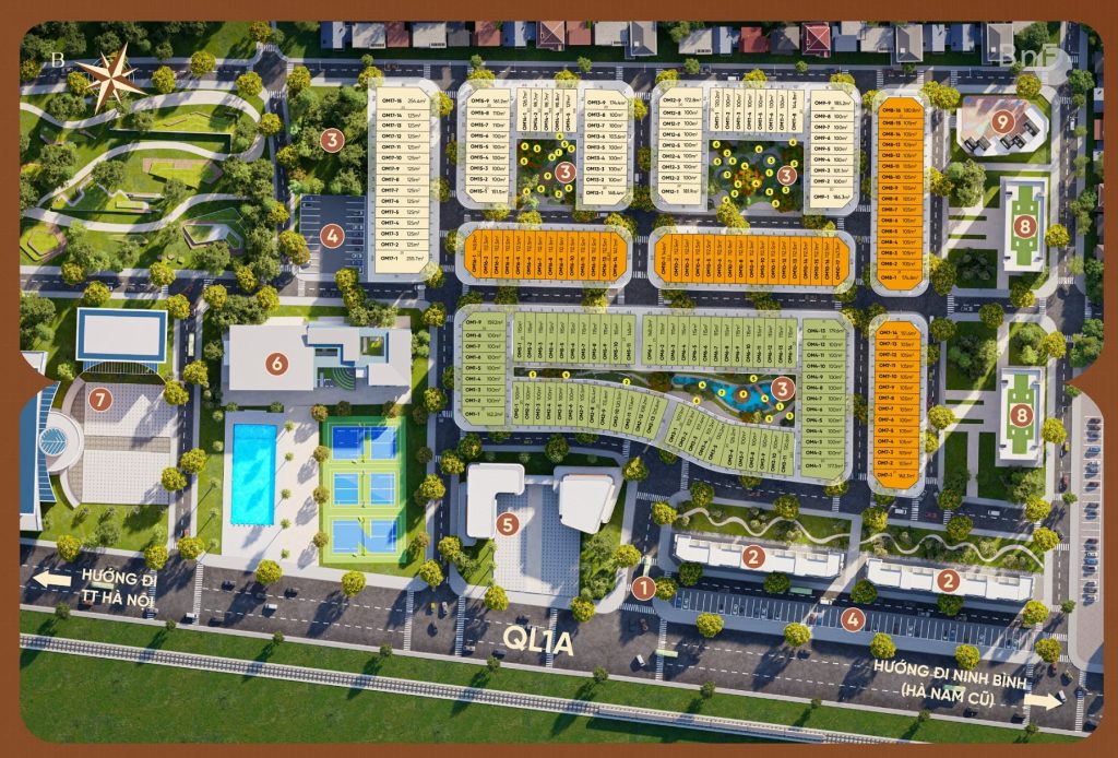 Sơ đồ mặt bằng dự án Nammon Square Thường Tín trên trục Quốc lộ 1A, bao gồm các phân khu shophouse, liền kề, biệt thự và chuỗi tiện ích như bể bơi, sân thể thao, trung tâm thương mại, công viên cây xanh.
