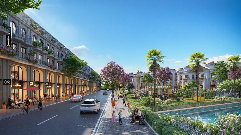 Dãy shophouse sầm uất ngay trong lòng dự án sẽ quy tụ hàng loạt thương hiệu mua sắm, nhà hàng, quán cà phê, siêu thị tiện lợi. Khu vực thương mại được quy hoạch tập trung tại các vị trí thuận tiện, dễ dàng tiếp cận từ mọi khu vực trong dự án.